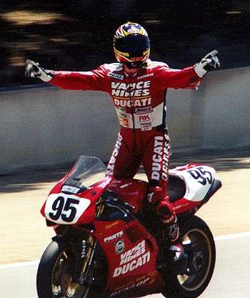 The GO SHOW, Anthony Gobert celebrating his race #1 victory aboard his Ducati 996